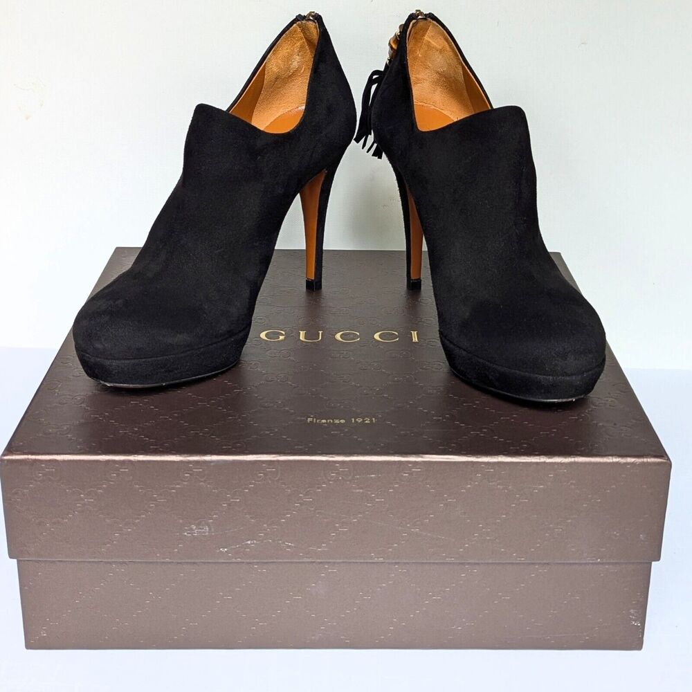Gucci Betty High Heel Platform Bootie Size 36.5 | 6.5 Black Suede Bamboo Tassel - Picture 12 of 16